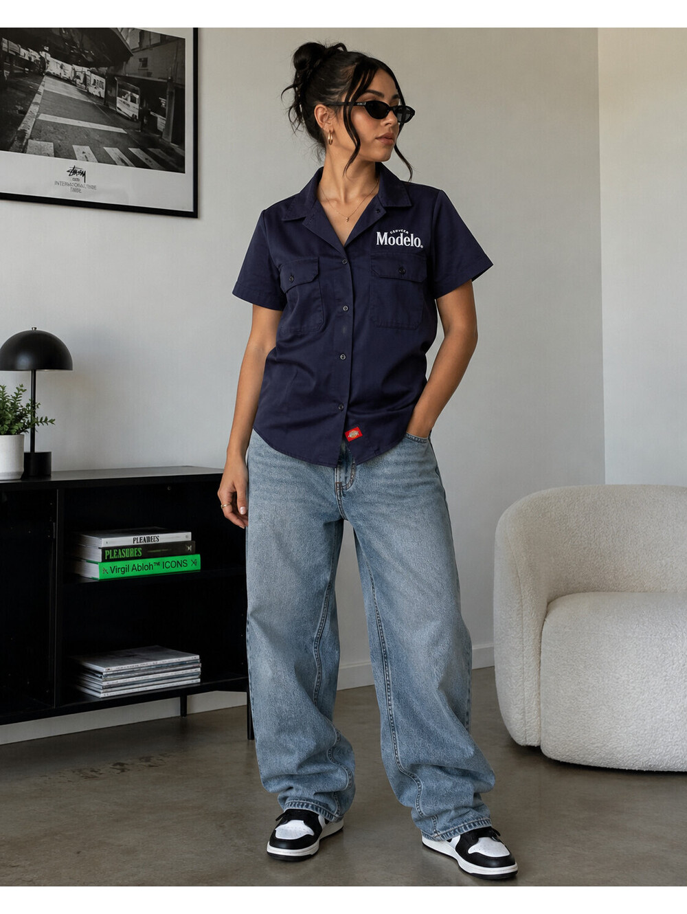 Dickies Modelo Work Shirt Womens S Navy Short Sleeve Beer Logo Uniform Street